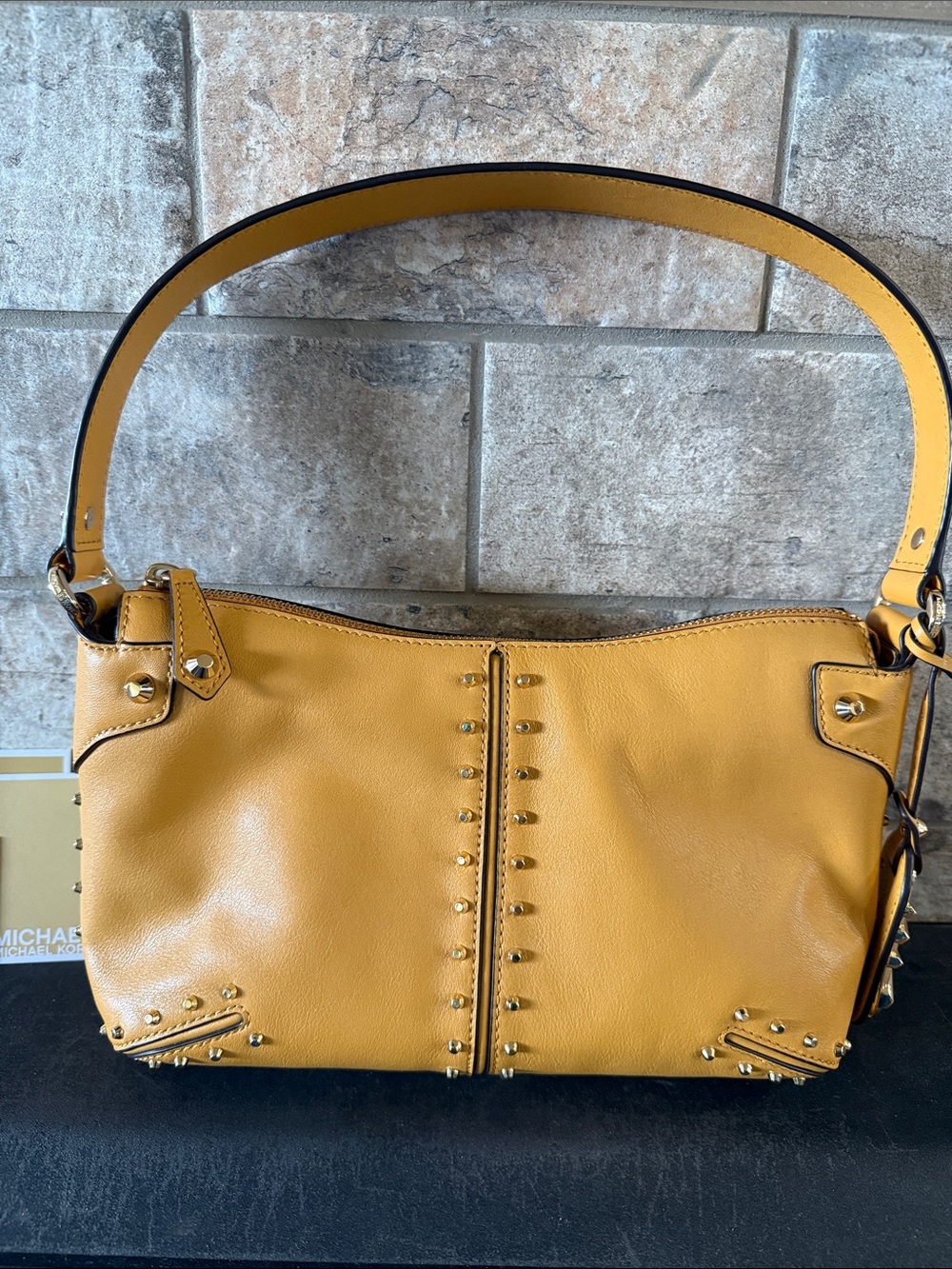 Michael Kors Astor Yellow Leather Studded Shoulder Bag